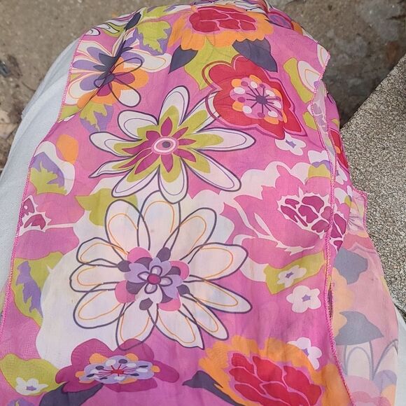 Pink 70's Floral Print Semi Sheer Scarf - Picture 7 of 8